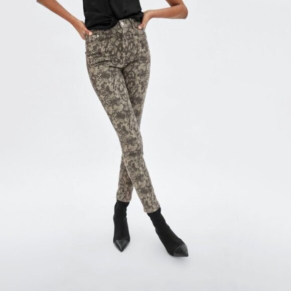 NWT Zara olive khaki green grey snake print high rise straight leg skinny jeans - Picture 2 of 7